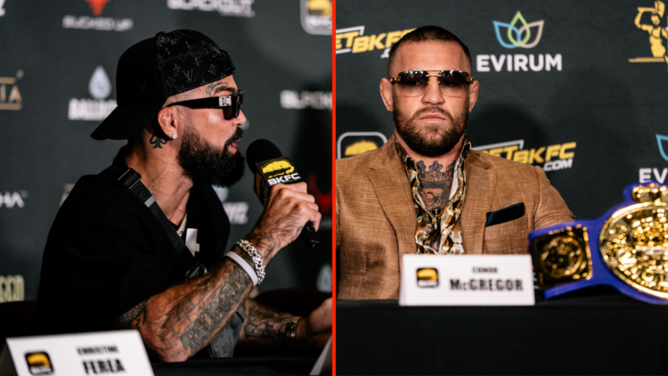 Split image of Mike Perry and Conor McGregor at BKFC 82 press conference