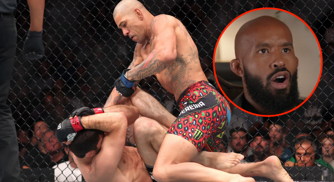 Alex Pereira grounds and pounds Magomed Ankalaev, with Demetrious Johnson reacting