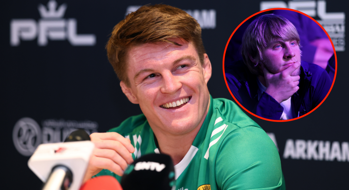 Caolan Loughran laughs at a PFL press conference, with bubble showing an upset Paddy Pimblett