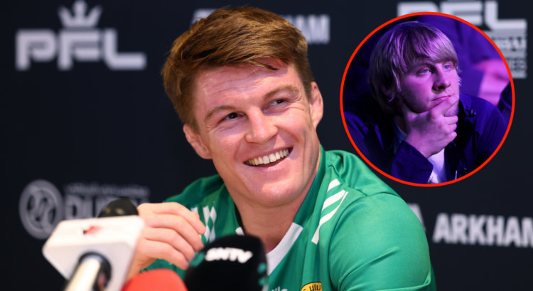 Caolan Loughran laughs at a PFL press conference, with bubble showing an upset Paddy Pimblett