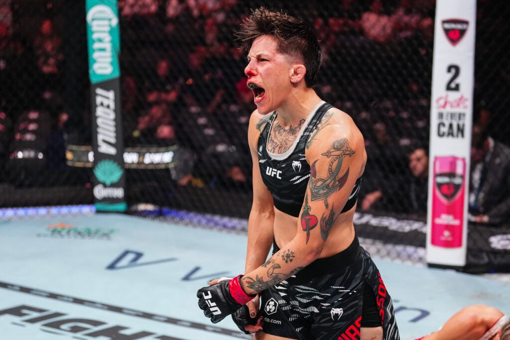 Macy Chiasson screams that she won UFC 320 fight