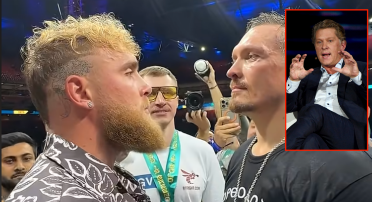 Jake Paul and Oleksandr Usyk face off in the ring after a fight. Block shows John Martin; the new CEO of PFL, speaking at a conference