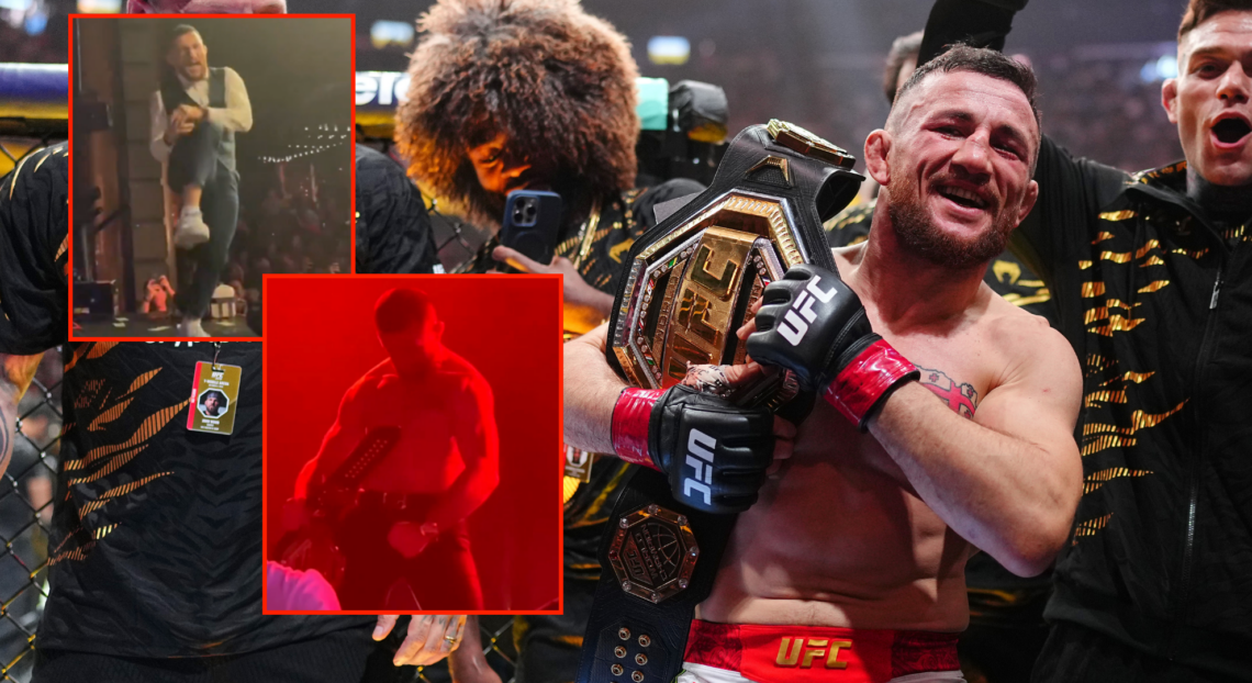 Merab Dvalishvili with his belt after UFC 320, and at his after-party