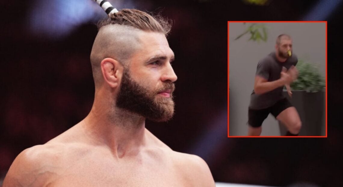 Jiri Prochazka in the cage at UFC 300, inset of him sprining with a peg on his nose ahead of UFC 320