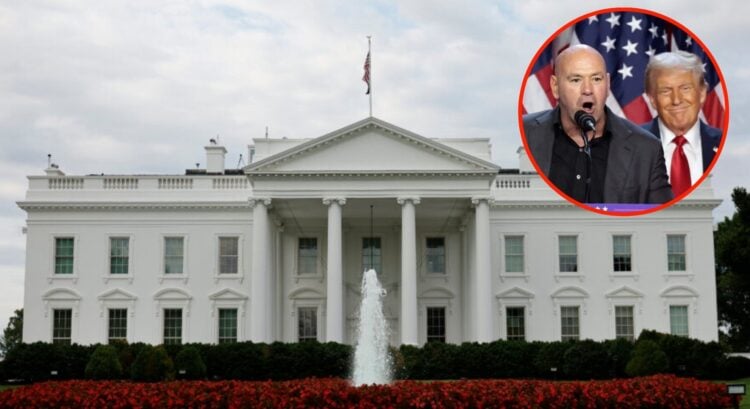 Image of the White House, inset of Dana White with Donald Trump