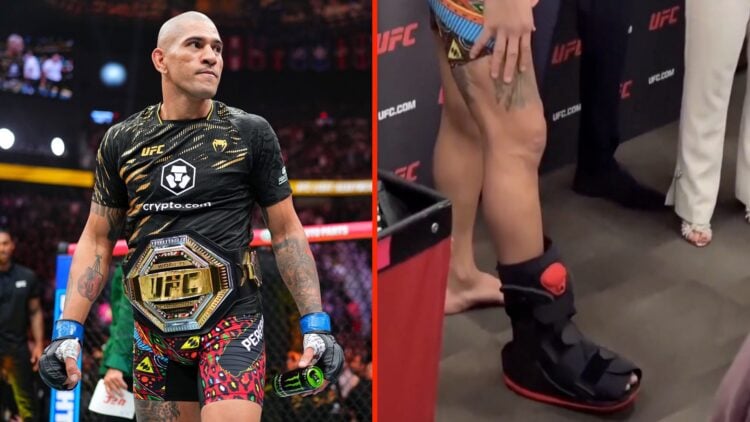 Alex Pereira immediately after his UFC 320 win split with him backstage in a walking boot