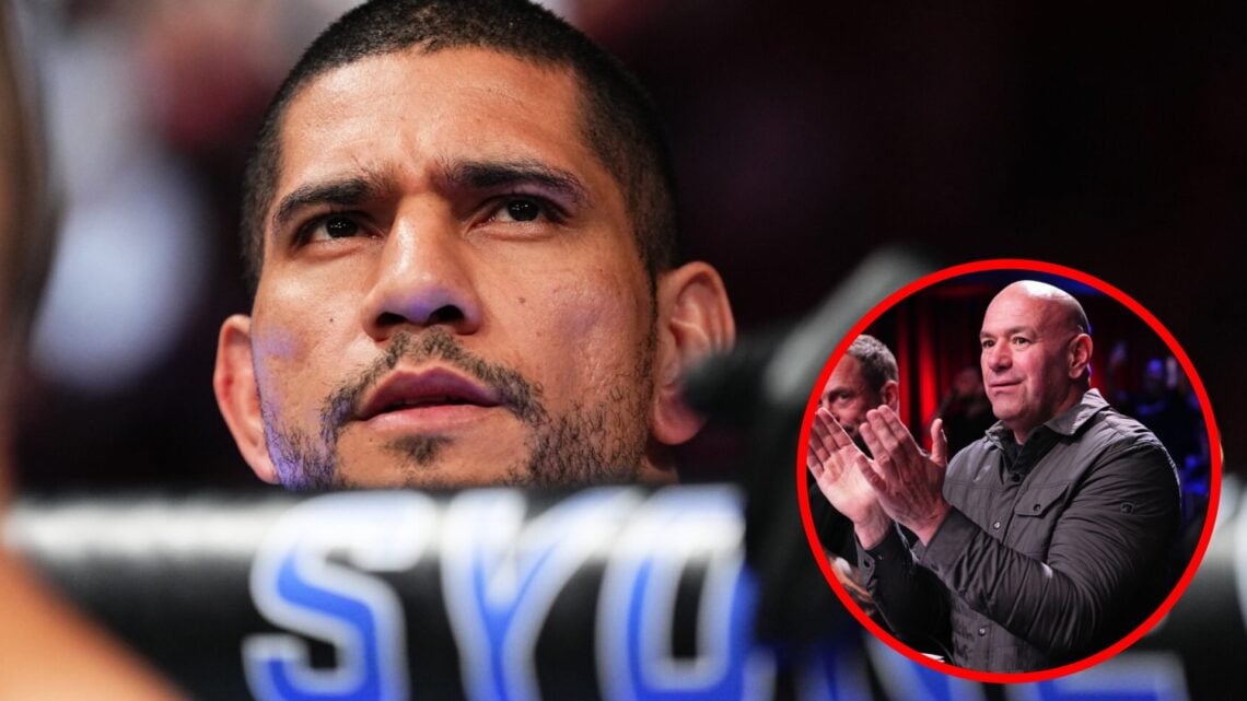 Alex Pereira looks on while cornering Rodolfo Bellato at UFC 312, inset Dana White claps during Dana White's Contender Series season eight, week nine