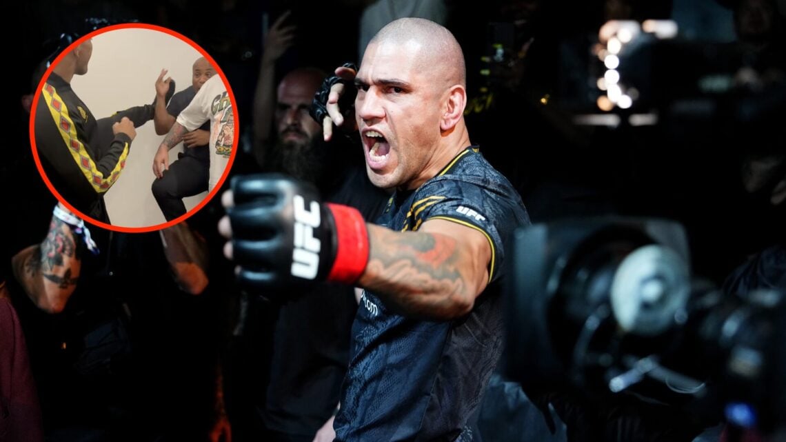 Alex Pereira walks out for UFC 300 with inset of him playfully throwing head kick at Daniel Cormier