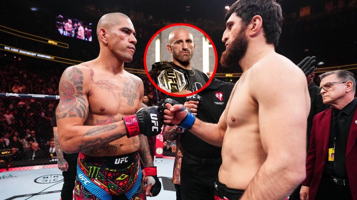 Alex Pereira faces off with Magomed Ankalaev at UFC 313, with inset of Alexander Volkanovski posing for a portrait