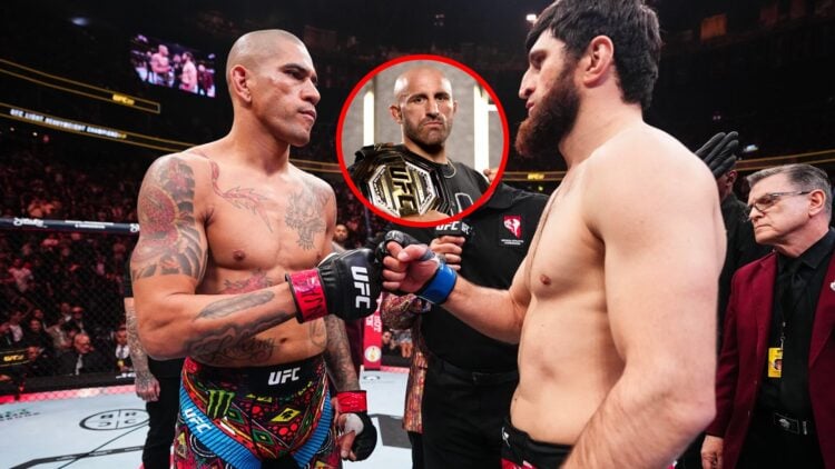 Alex Pereira faces off with Magomed Ankalaev at UFC 313, with inset of Alexander Volkanovski posing for a portrait