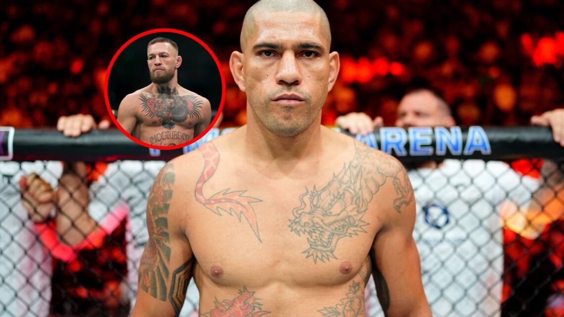 Alex Pereira in the Octagon at UFC 320, with inset of Conor McGregor at UFC 264