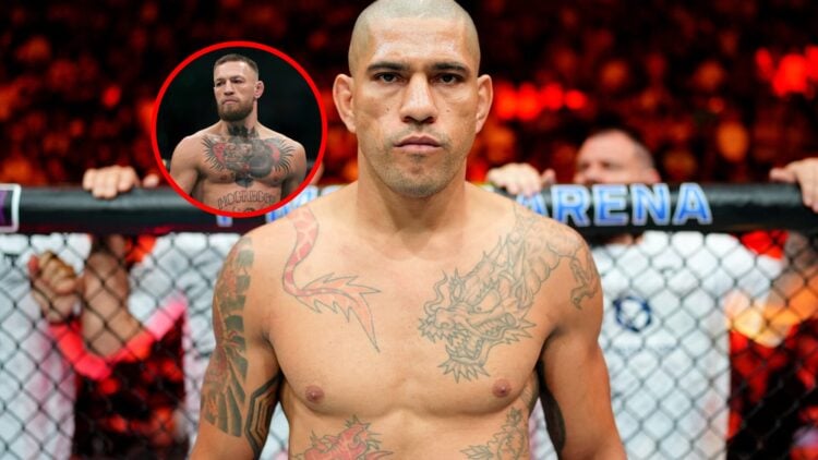 Alex Pereira in the Octagon at UFC 320, with inset of Conor McGregor at UFC 264