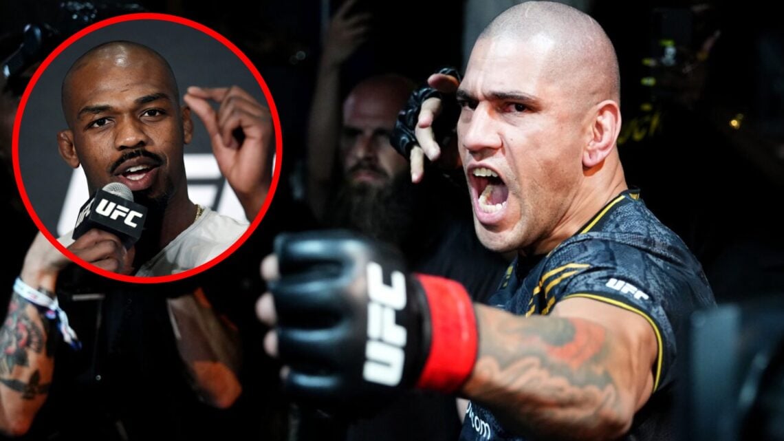 Alex Pereira poses while walking out at UFC 300, inset Jon Jones speaks at the UFC 232 press conference