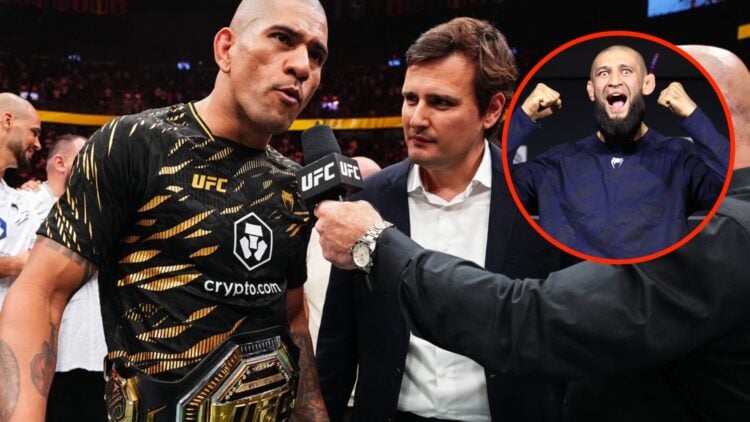 Alex Pereira following his UFC 320 win with inset of Khamzat Chimaev at UFC 319 ceremonial weigh-ins