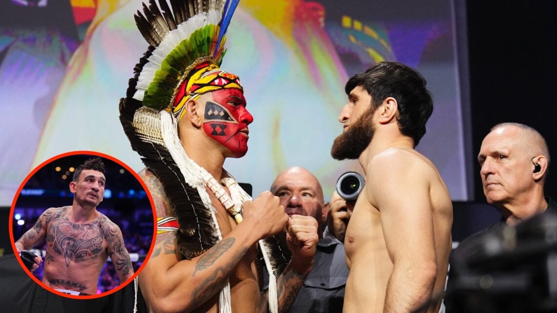 Alex Pereira and Magomed Ankalaev face off at the UFC 313 ceremonial weigh-ins with an inset of Max Holloway at UFC 300