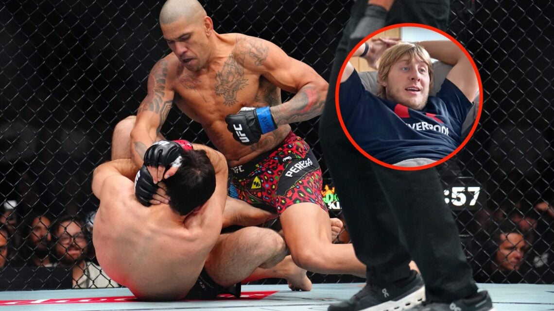 Center: Alex Pereira throws a punch at Magomed Ankalaev during their light heavyweight title fight at UFC 320 in October, 2025. Insert: Paddy Pimbl...