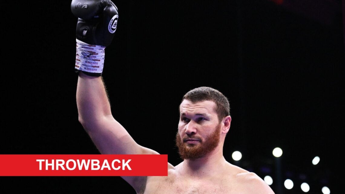 Arslanbek Makhmudov celebrates in the ring after his knockout win over Junior Anthony Wright in October, 2023.
