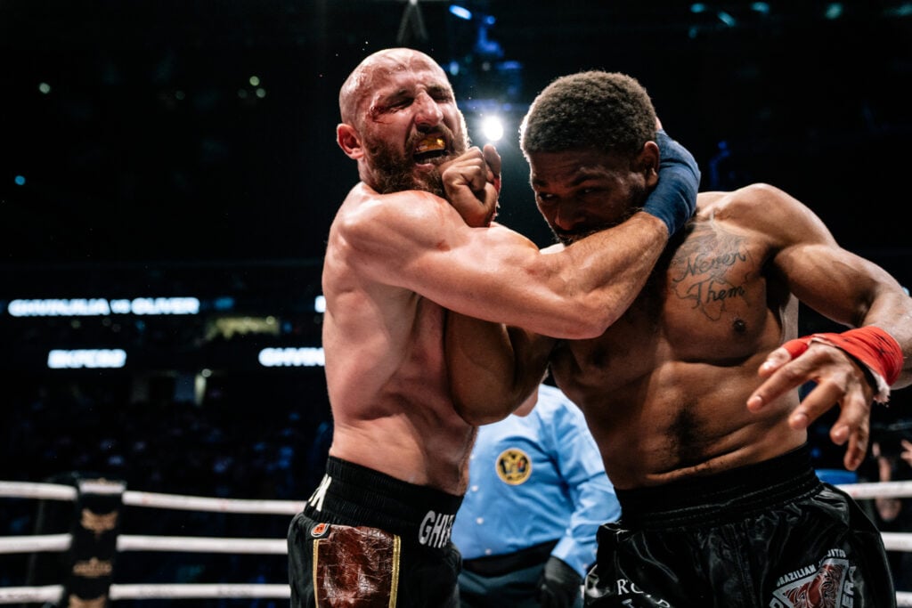 Jmani Oliver throws a punch at Irakli Ghvinjilia during their lightweight fight at BKFC 82 in Newark, New Jersey