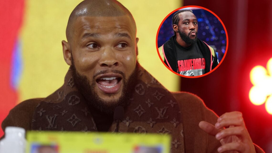 Center: Chris Eubank Jr. attends a pre-fight press conference ahead of his bout with Conor Benn in November, 2025. Insert: Terence Crawford in the ...