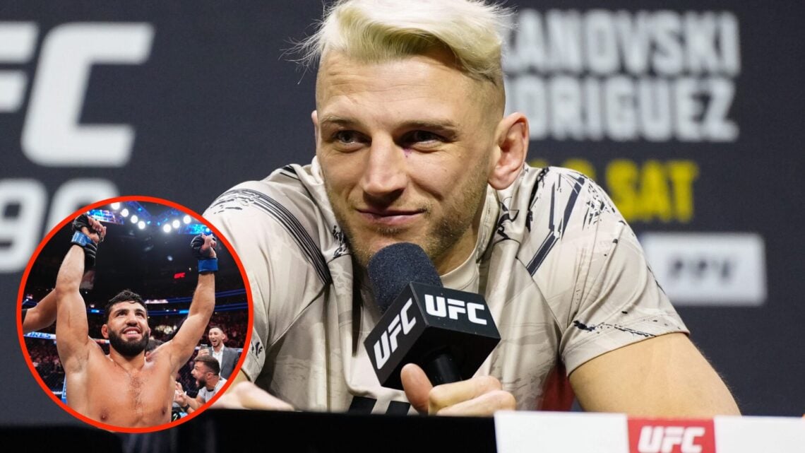 Dan Hooker at the UFC 290 press conference with an inset of Arman Tsarukyan celebrating his UFC 300 win
