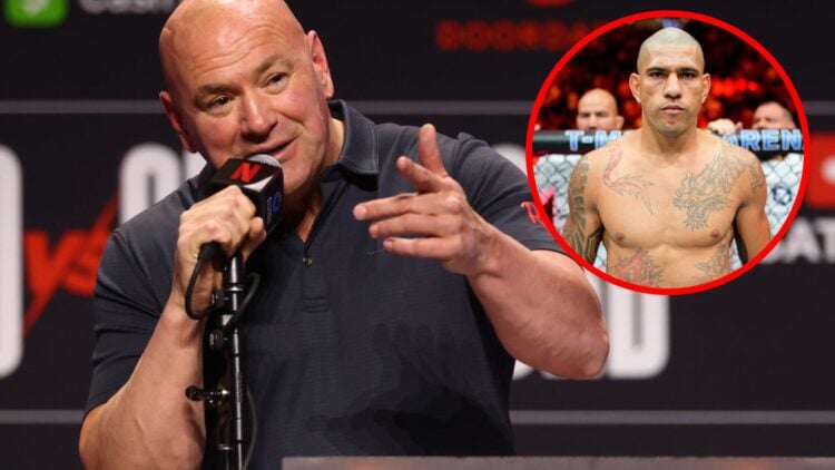 Dana White speaks at a boxing press conference, inset of Alex Pereira in the Octagon at UFC 320