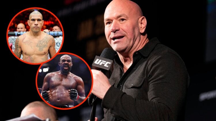 Dana White on stage at the UFC 297 press conference with insets of Alex Pereira before UFC 320 and Jon Jones following his final UFC win
