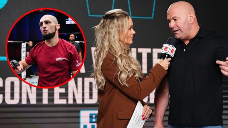 Dana White speaks to Laura Sanko at the Contender Series, inset of Rashid Vagabov reacting to his win on the show