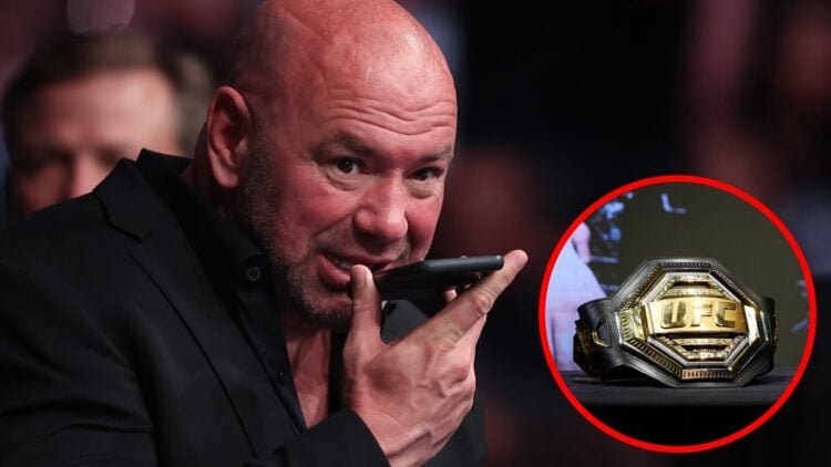Dana White speaks into his phone during UFC 274 in Arizona, inset detailed view of Ilia Topuria's featherweight belt in Madrid