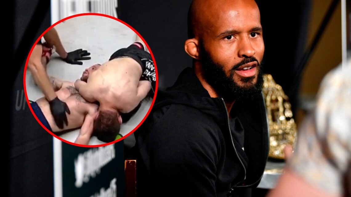 Main: Demetrious Johnson at the UFC 227 media day. Inset: Mansur Malachiev submits Jarred Brooks at ONE Fight Night 36.