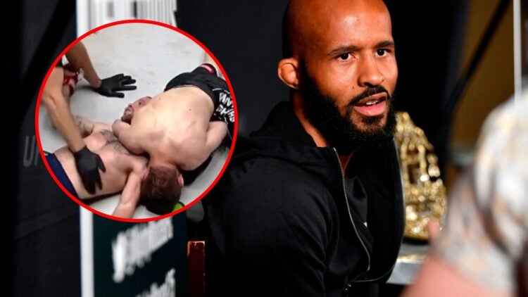 Main: Demetrious Johnson at the UFC 227 media day. Inset: Mansur Malachiev submits Jarred Brooks at ONE Fight Night 36.