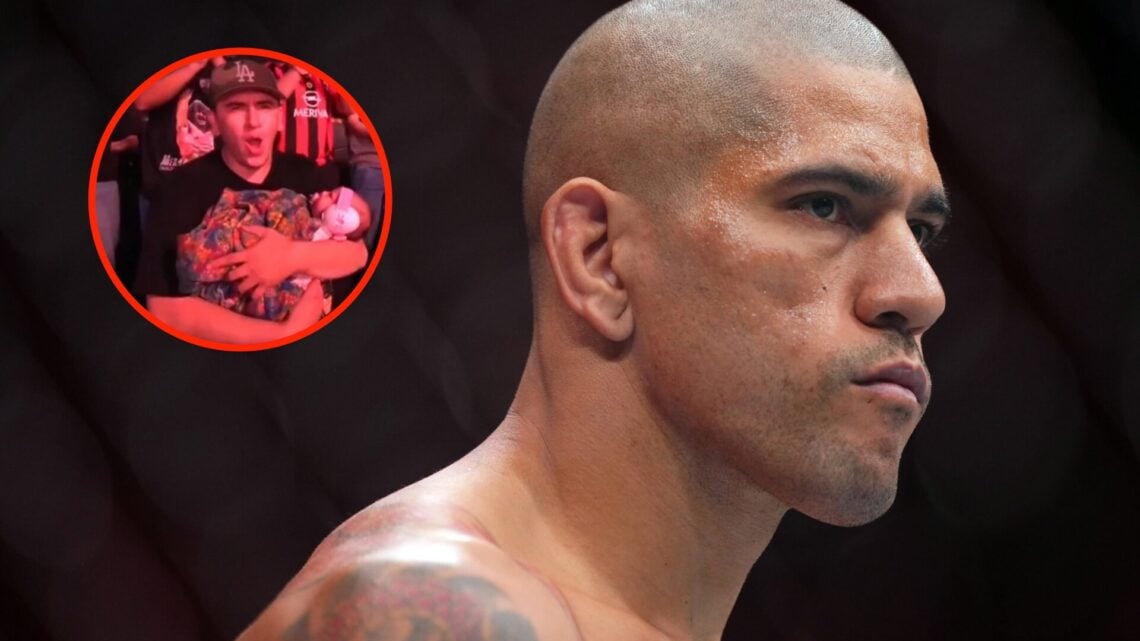 Insert: Fan attends UFC 320 with a baby in his arms at the T-Mobile Arena in Las Vegas, Nevada. Center: Alex Pereira in the Octagon ahead of his li...