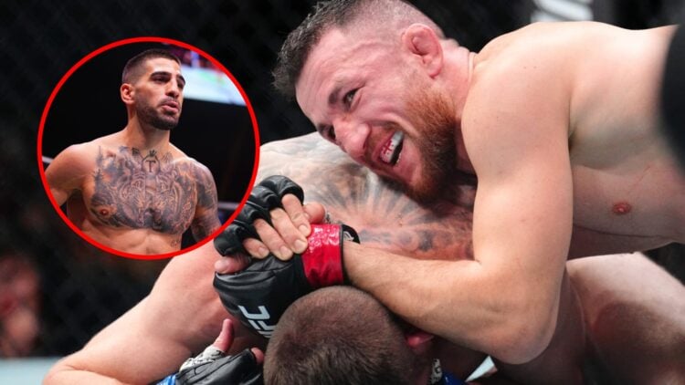 Main: Merab Dvalishvili attacks a submission on the ground during his fight against Cory Sandhagen at UFC 320. Inset: Ilia Topuria in the cage for ...