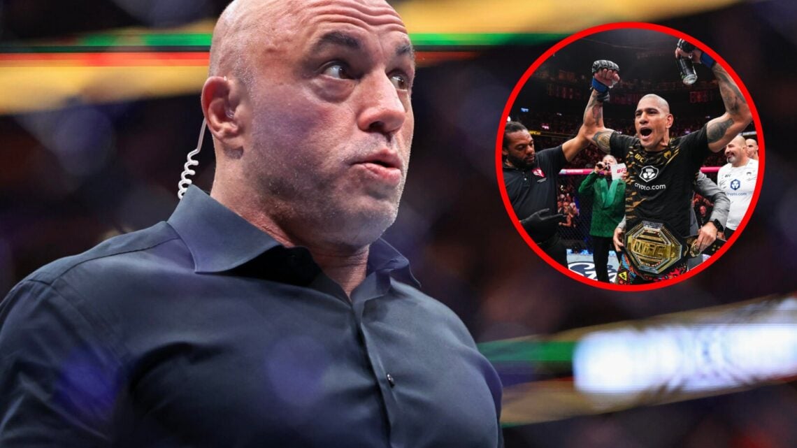 Joe Rogan reacts after Dricus du Plessis vs Khamzat Chimaev at UFC 319, inset Alex Pereira celebrates after beating Magomed Ankalaev at UFC 320