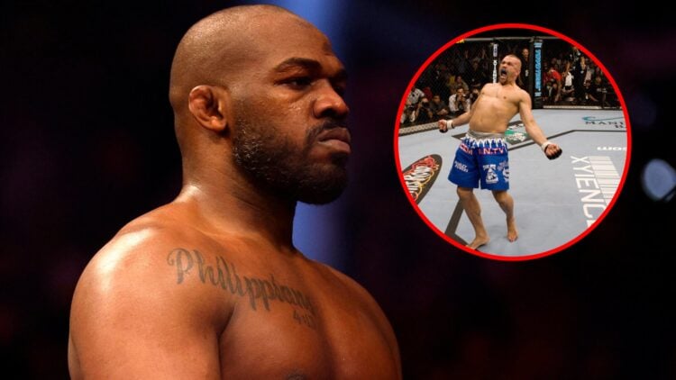 Main: Jon Jones on the cage after his win over Ciryl Gane at UFC 285. Inset: Chuck Liddell in the Octagon after his light heavyweight title fight w...