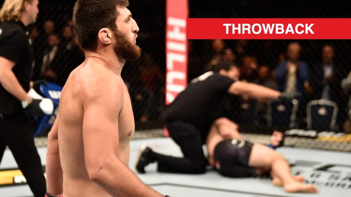 Magomed Ankalaev celebrates after knocking out Marcin Prachnio at UFC Moscow