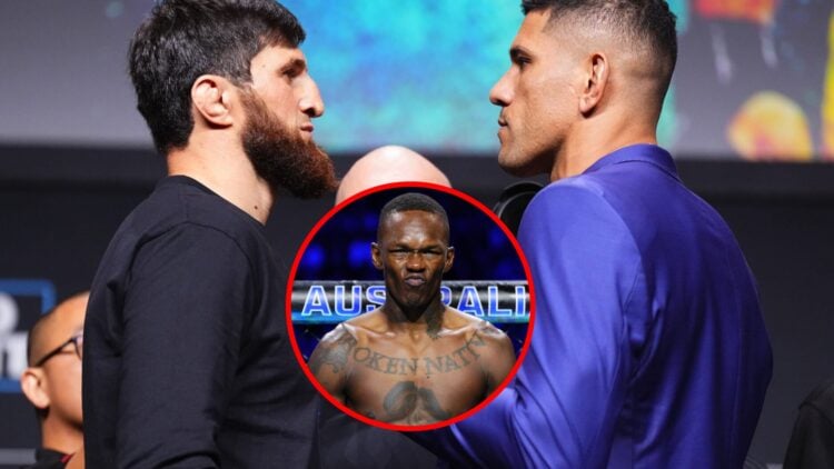 Main: Magomed Ankalaev and Alex Pereira face off at the UFC 320 Press Conference. Inset: Israel Adesanya in the cage for his fight against Dricus d...