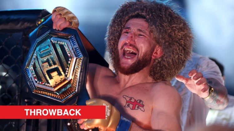 Merab Dvalishvili celebrating with his title after beating Sean O'Malley at UFC 306