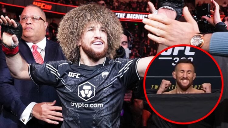 Merab Dvalishvili walks to the Octagon to face Henry Cejudo at UFC 298, inset Dvalishvili weighs in ahead of UFC 320