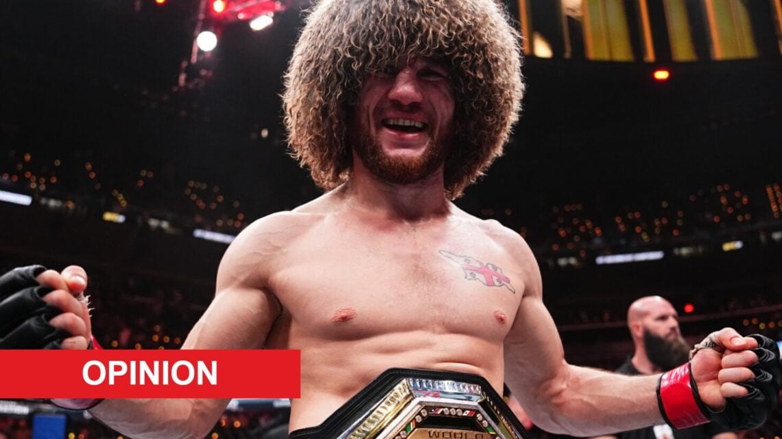 Merab Dvalishvili celebrates after beating Umar Nurmagomedov at UFC 311, inset opinion banner