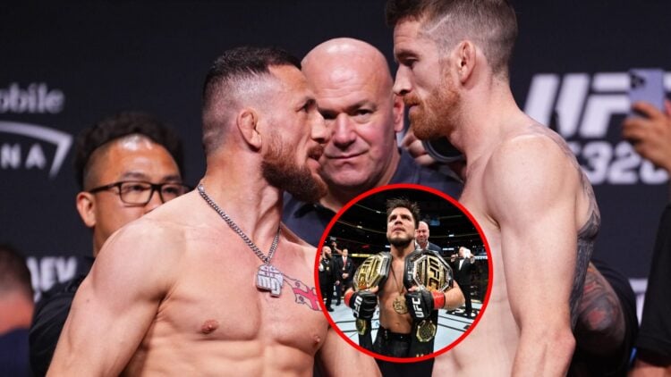 Merab Dvalishvili faces off against Cory Sandhagen at UFC 320, with inset of Henry Cejudo holding two UFC belts