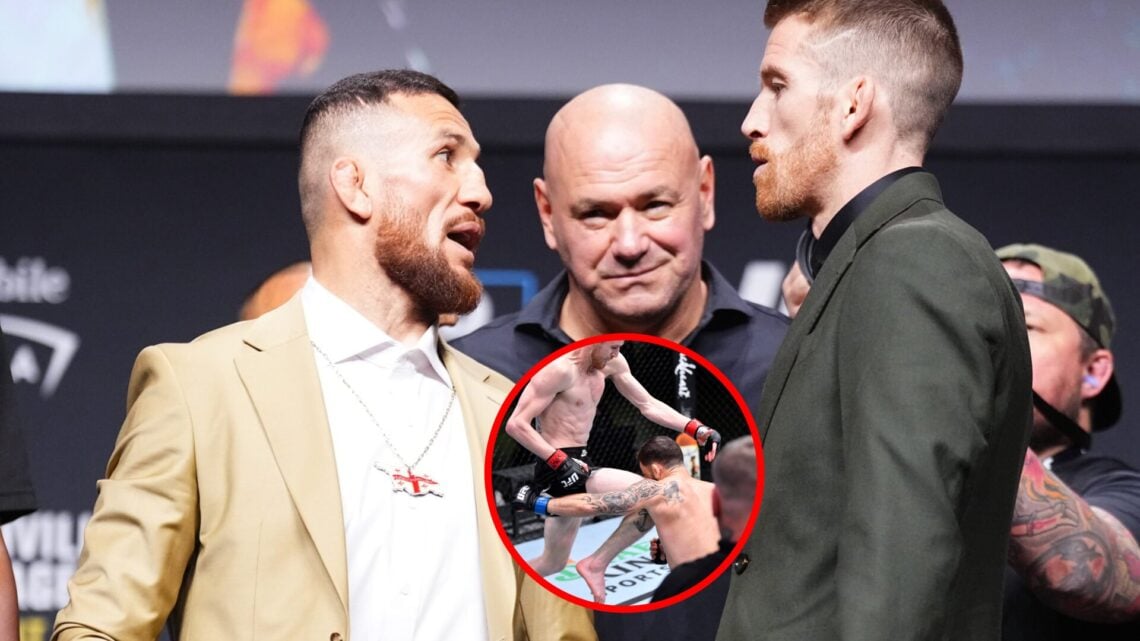 Merab Dvalishvili faces off with Cory Sandhagen at UFC 320, with inset of Cory Sandhagen knocking out Frankie Edgar with a flying knee