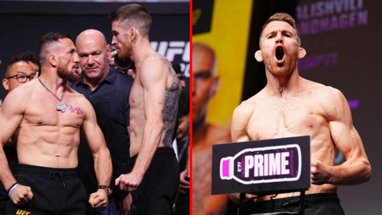 Split image of Merab Dvalishvili facing Cory Sandhagen at UFC 320 weigh-ins, Cory Sandhagen yelling at UFC 320 weigh-ins