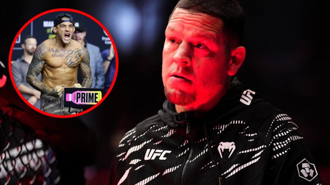 Nate Diaz corners Kron Gracie at UFC 310, inset Dustin Poirier poses on the scales at the UFC 302 weigh-ins