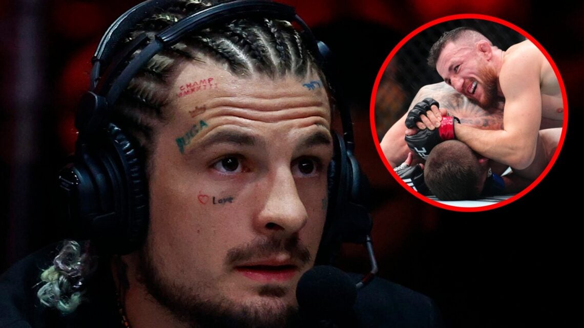 Sean O'Malley looks on during the Nate Diaz vs Jorge Masvidal broadcast, inset Merab Dvalishvili wrestles Cory Sandhagen at UFC 320