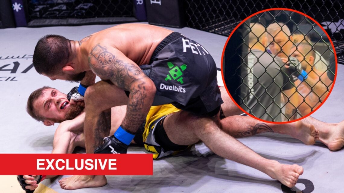 Sergio Pettis knocking out Magomed Magomedov, with bubble showing him speaking to Khabib Nurmagomedov with his coach Duke Roufus after the fight
