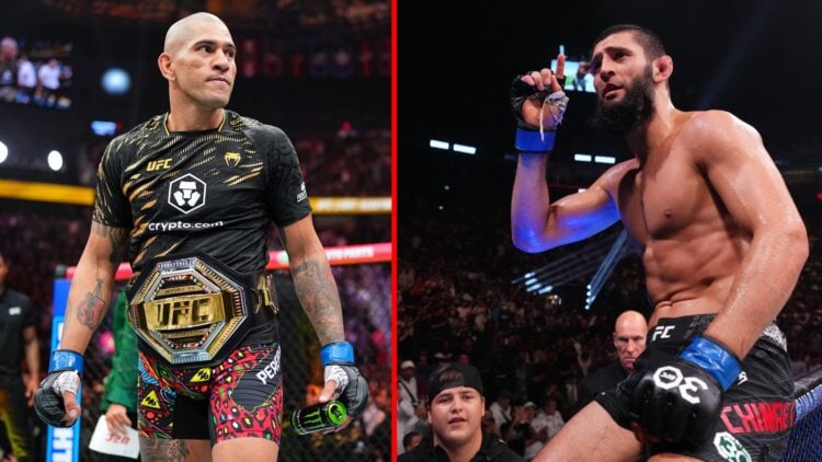 Split image of Alex Pereira at UFC 320 and Khamzat Chimaev on top of UFC cage following win