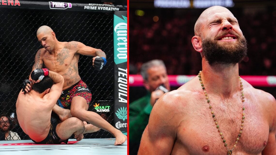Split image of Alex Pereira TKO'ing Magomed Ankalaev at UFC 320, Jiri Prochazka reacts to UFC 320 win