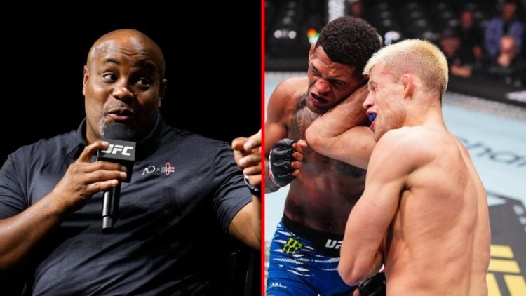 Split image of Daniel Cormier at UFC 318 Q&A, Jakub Wiklacz elbows Patchy Mix at UFC 320