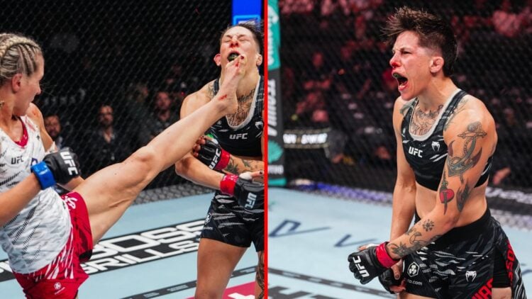 Split image of Macy Chiasson getting kicked in the face, Macy Chiasson screams she won post-fight at UFC 320
