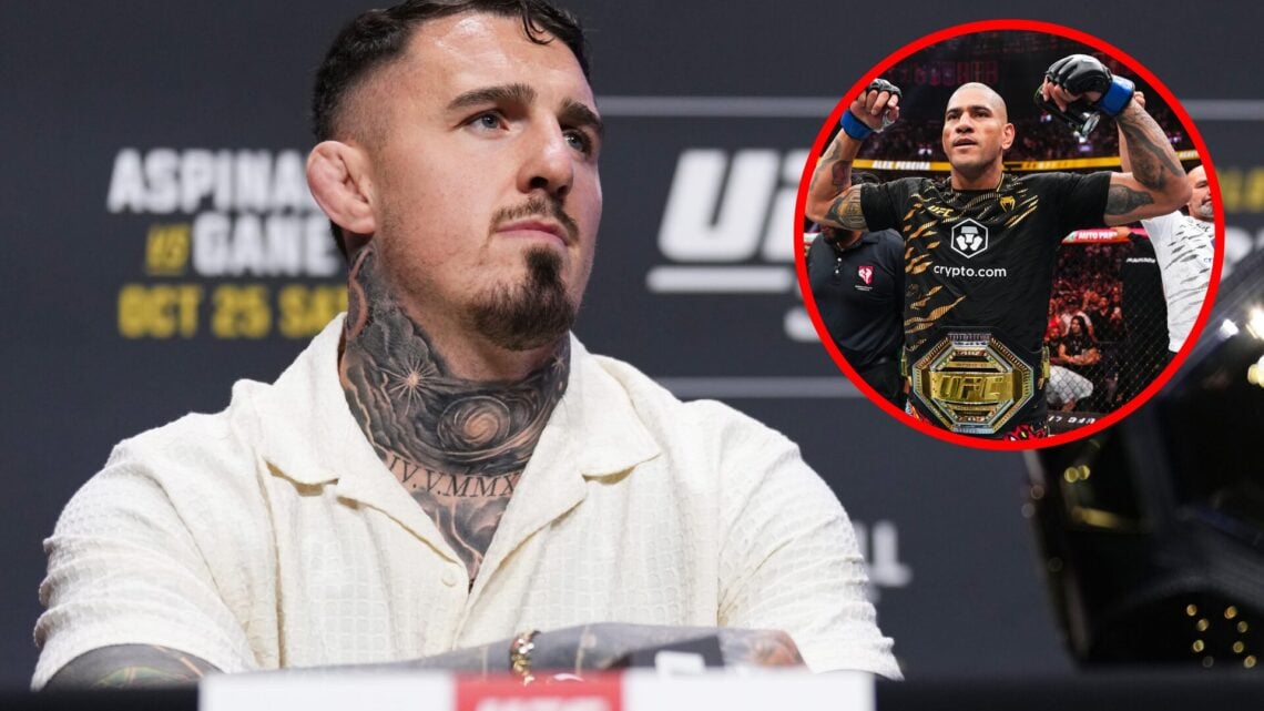 Tom Aspinall at the UFC 321 press conference, inset of Alex Pereira celebrating his UFC 320 win